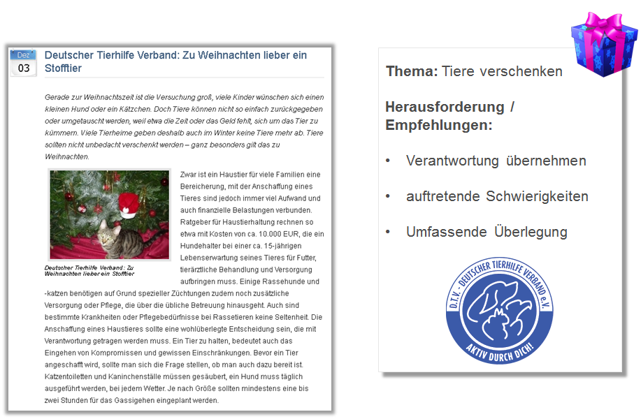 Pressemitteilung Deutsche Tierhilfeverband rät Keine Tiere als Weihnachtsgeschenk