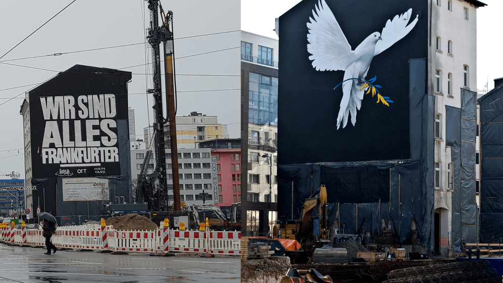 Die Huserwand ziert aktuell ein riesiges Mural vom Graffiti-Knstler Cor in Anspielung auf den Ukraine-Krieg rechts Davor zeigte die Hausfassade ein Zitat von Rapper Hassan Annouri links