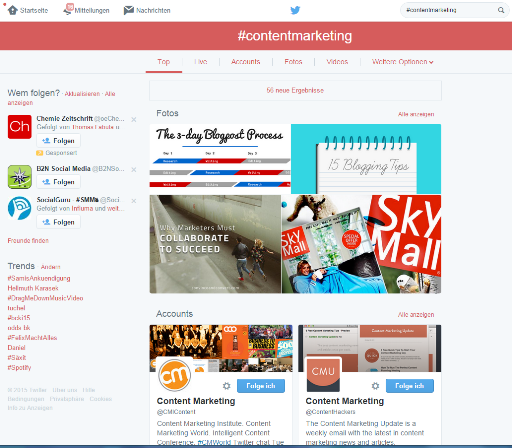 Beispiel Blogger Suche in Twitter mit Hashtag #ContentMarketing