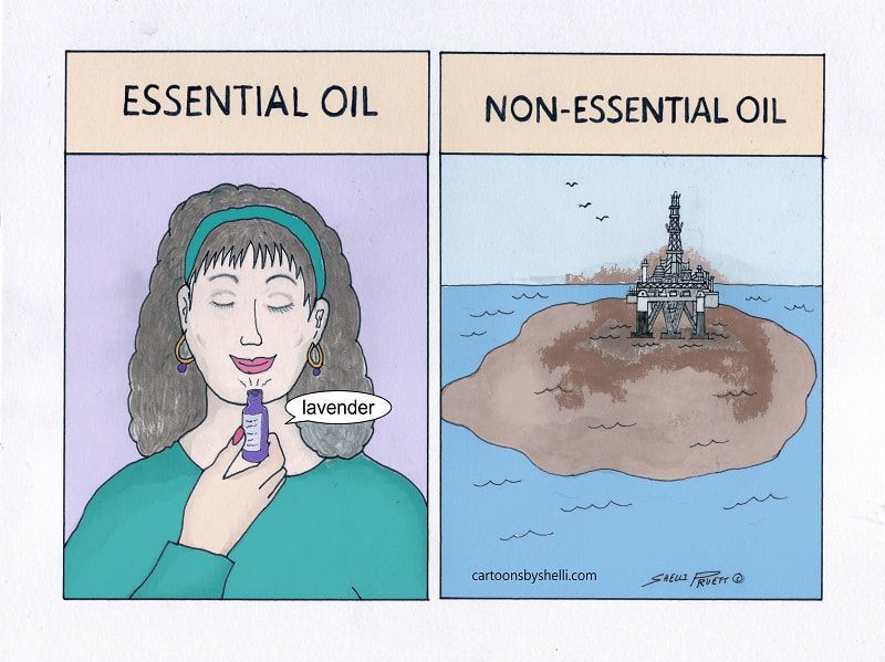 Cartoon comparing essential oils and oil factories - Essential vs. non-essential oil