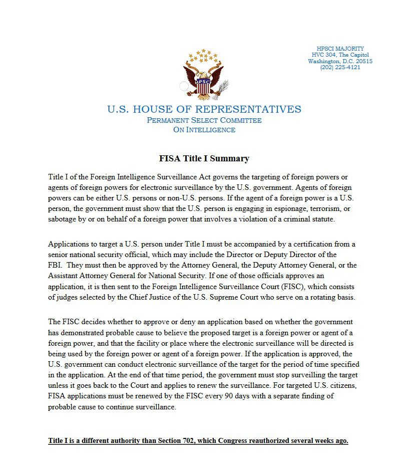 U.S. House of Representatives Permanent Select Committee On Intelligence FISA summary