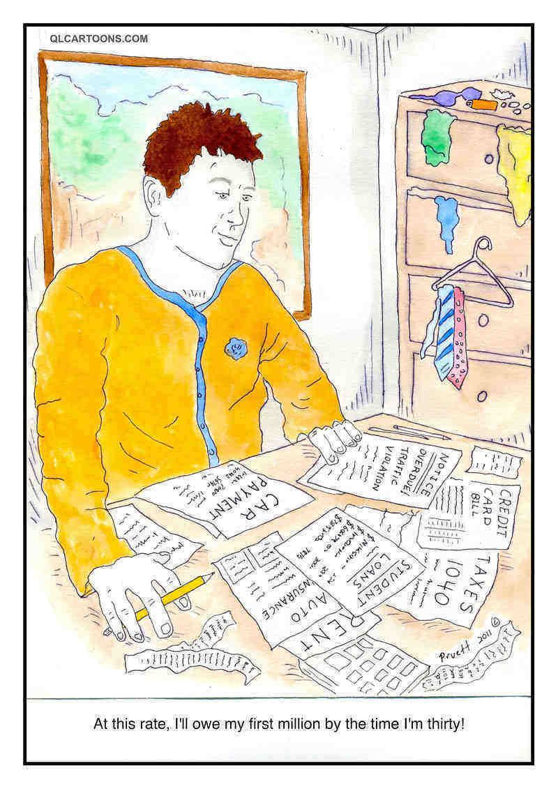 Cartoon of young man staring at a bunch of bills on table - A million dollars in debt by 30