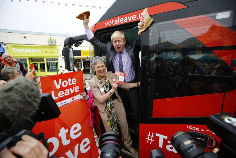 Former London Mayor Boris Johnson holds up a Cornish pasty during the launch of the Vote Leave bus campaign, in favour of Britain leaving the European Union, in Truro