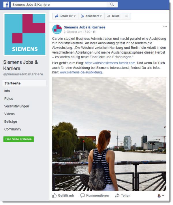 Siemens betreibt bei Facebook eine Unternehmensseite speziell für Jobs & Karriere und gewährt einen persönlichen Einblick hinter die Kulissen zum Thema Ausbildung.