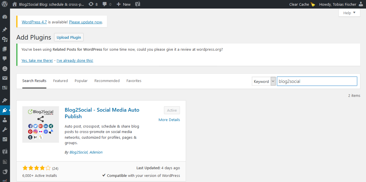 Installiere das WordPress Plugin Blog2Social und verbinde Deinen Blog mit Facebook für das Auto-Posting