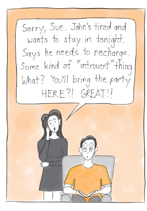 Cartoon of introverted man who doesn't want to attend party - Myers-Briggs humour
