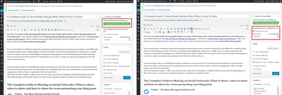 Blog2Social customize and schedule postings (l.) & auto-posting feature (r.)