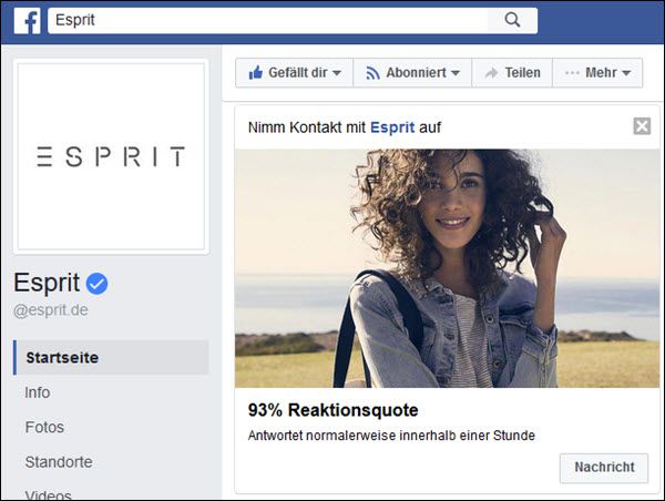 Esprit traut sich und bietet direkten Kontakt über die Social Media an mit einem Antwortverhalten innerhalb einer Stunde