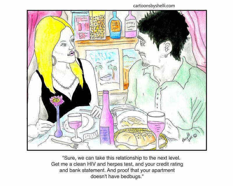 Cartoon of woman outlining dating requirements to man at dinner - Relationship background check