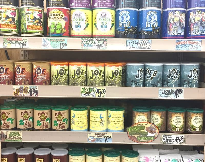 A display of several brands of coffee at Trader Joe's - kicking an addiction