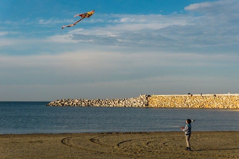 Child flying a kite on the beach