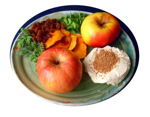 ☕ Rezept: Apfel, Mango, Rosinen, Senfkörnern, Pimpinelle, Tripmadam mit Frischkäse