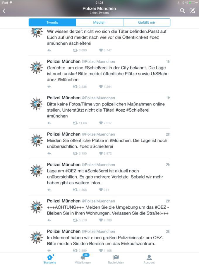 Erstklassige Krisenkommunikation der Polizei München beim Amoklauf am 22.07.2016 über Twitter.