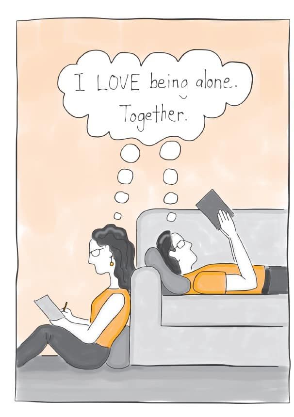 Male and female from introverted couple ponder how they love to be alone together - Myers-Briggs humour