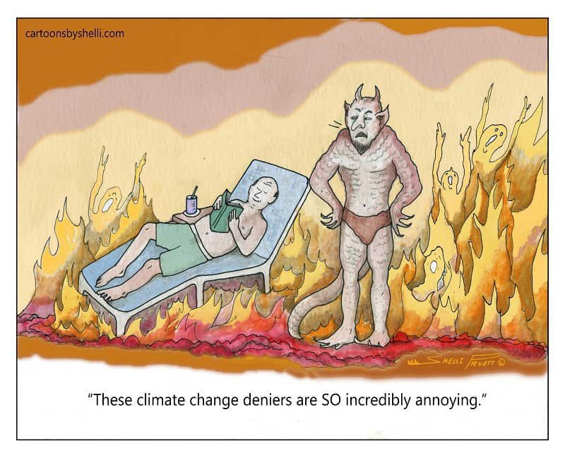 Climate change denier relaxing on chaise lounge as he burns in hell - Those darn climate change deniers!