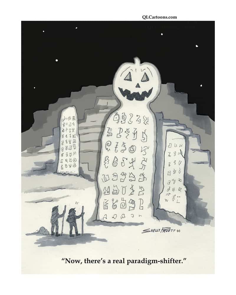 Rock with hieroglyphics and a pumpkin head on top - There's a real paradigm-shifter!