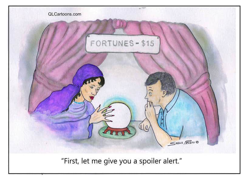 Female fortune teller reading male client's fortune - Spoiler alert!