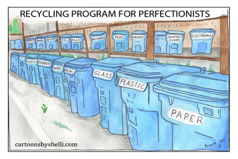 A bunch of blue bins labelled for specific types of recycling - Recycling program for perfectionists