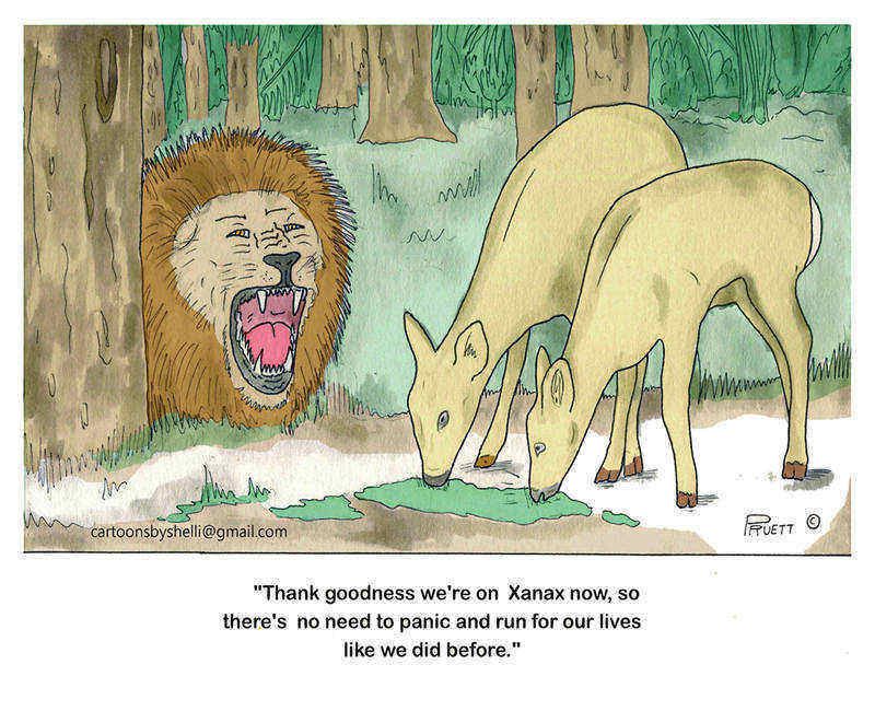 Cartoon of deer on Xanax being approached by roaring lion - Deer on Xanax