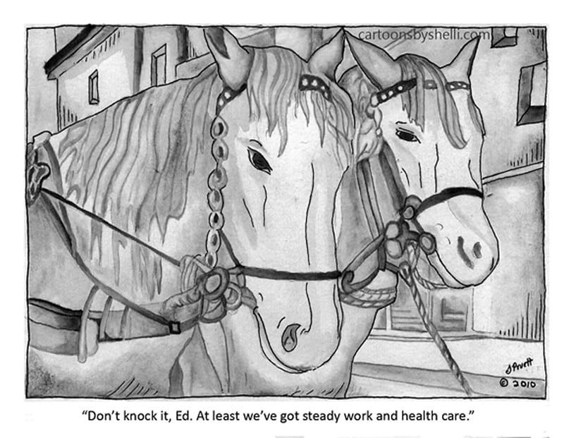 Cartoon of two horses thinking about value of steady work and health care - Horses with health care!