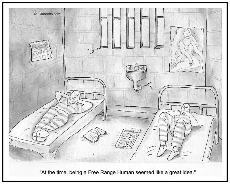 Cartoon of two free range humans in prison - The plight of the free range human