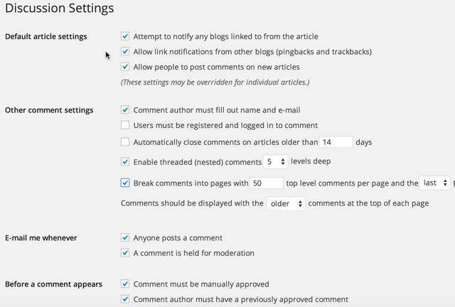 WordPress comment settings