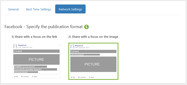 Blog2Social Settings: Select to post focussing on the link or the image