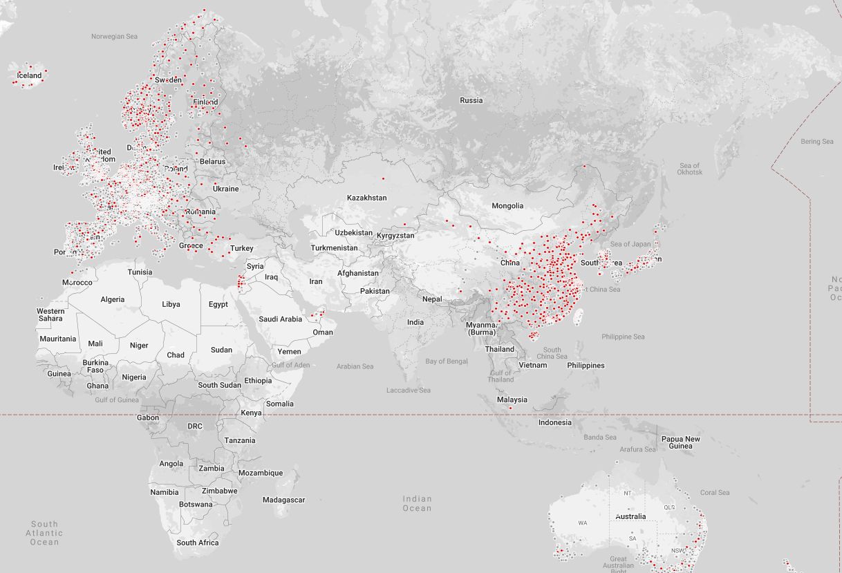 Отображения внедрения сервисов Tesla в странах на карте