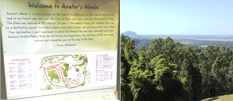 Photo composite including Welcome to Avatar's Abode sign and trees at the Abode - Going down under and coming back up