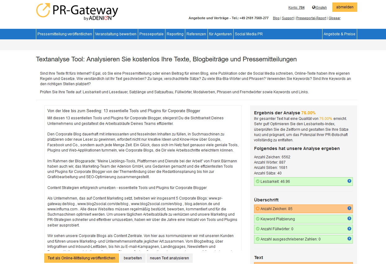 Essentielle Tools und Plugins für Corporate Blogger - Leserlich und SEO-optimiert Schreiben mit der PR-Gateway Textanalyse