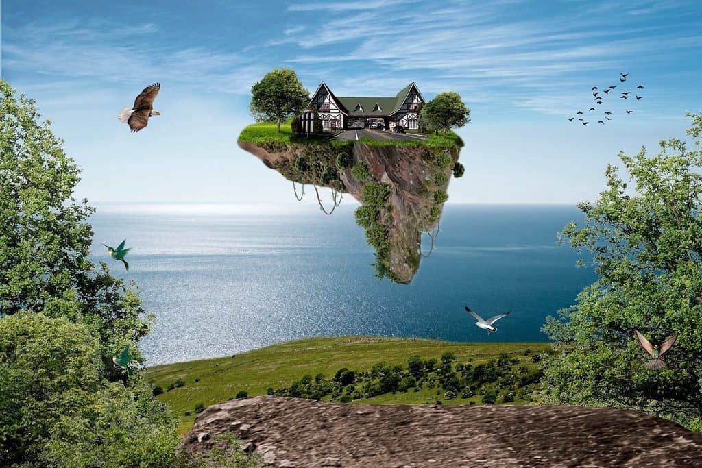 piece of land with house floating in the air