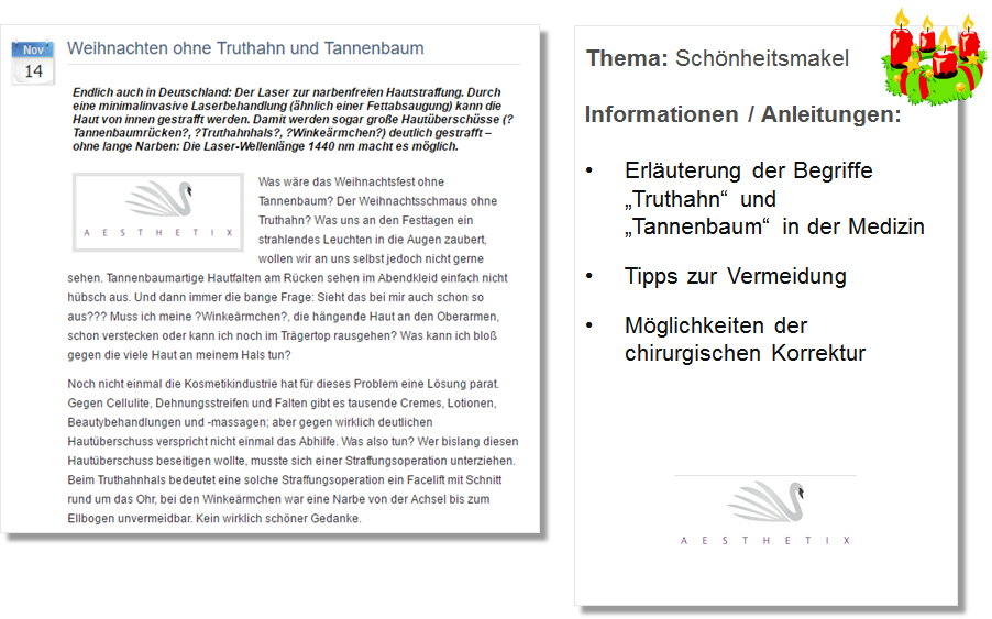 Weihnachts PR Pressemitteilung Aesthetix mit Erklärung zu Truthahn und Tannenbaum in der Schönheitschirurgie