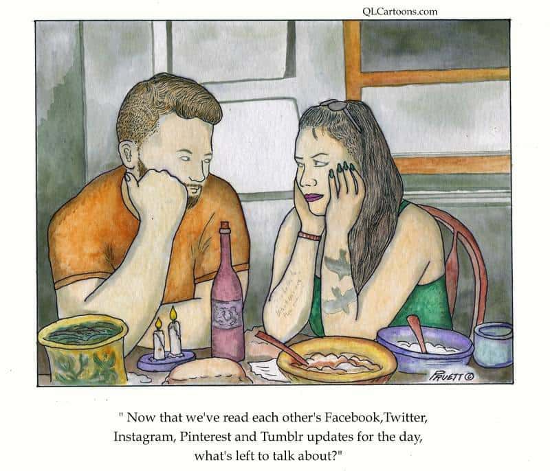 Couple wondering what to talk about after reading each other's social media updates - Dating in the social media age