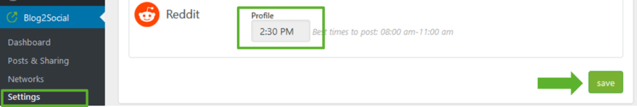 Set your own unique best times for Reddit in the Blog2Social Setting 