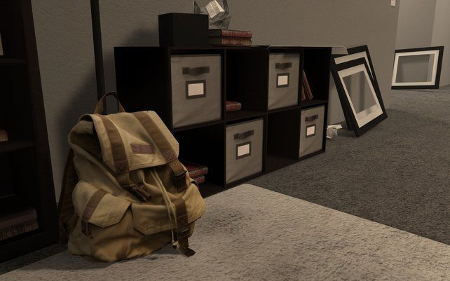 Ein Screenshot von Steam Zu sehen sind die leere Wohnung und ein Rucksack mit allem Hab und Gut das ihr noch besitzt