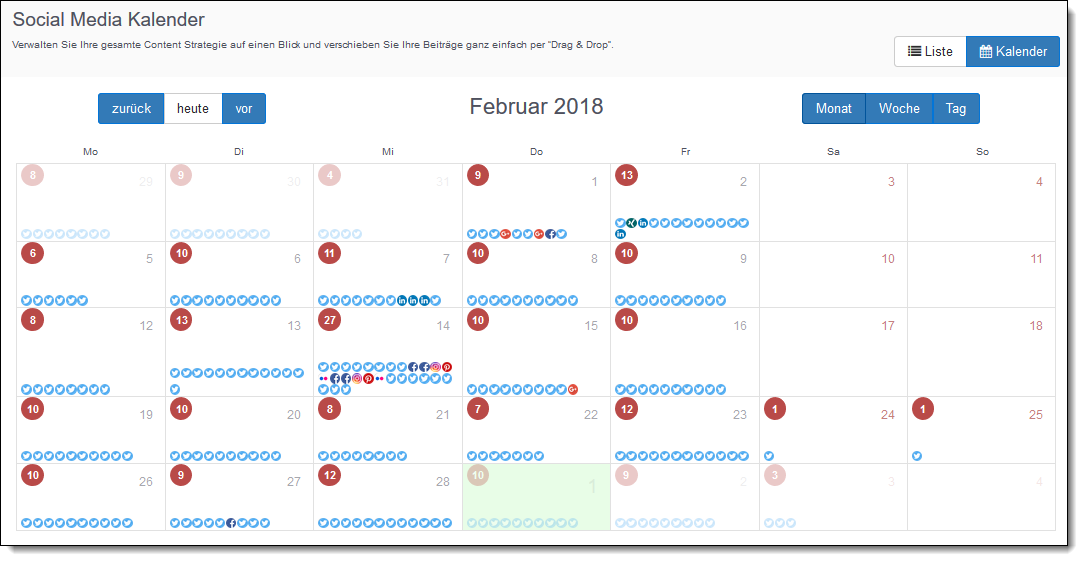 Mit dem Social Media Kalender haben Sie stets einen Überblick über geplante Beiträge