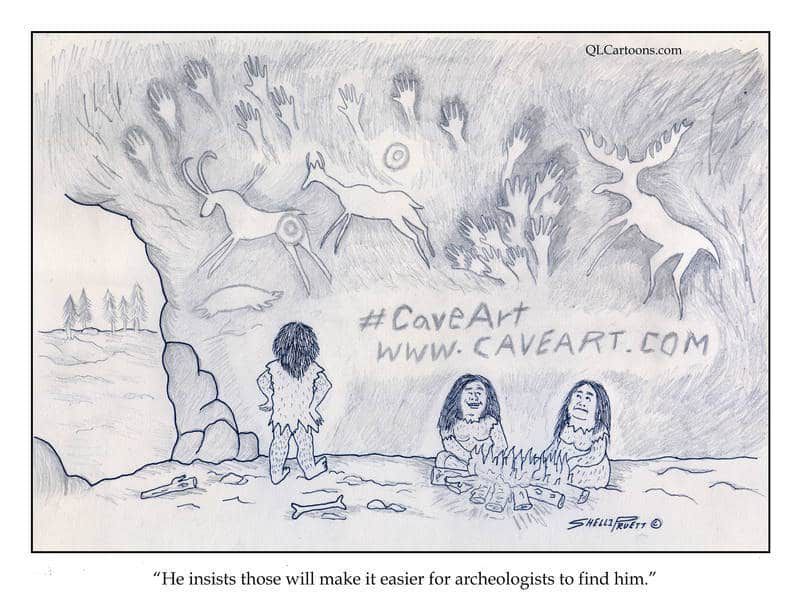Caveman posting hashtag and website on cave wall - Hashtag #CaveArt