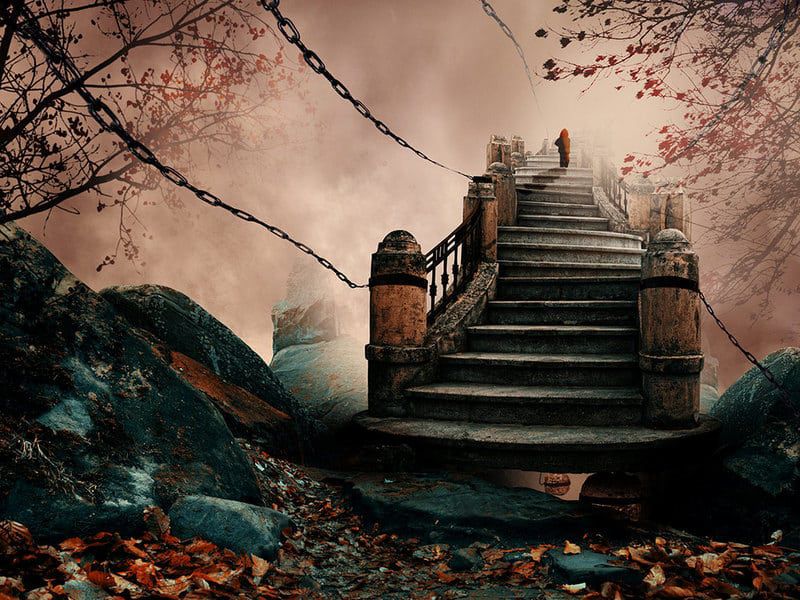 photo manipulation of man climbing stairs